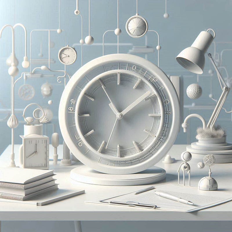 image • Lord Lifestyle Monochromatic white and light blue desk arrangement featuring a large ornate clock with Roman numerals, surrounded by smaller clocks, a lamp, books, spherical objects resembling a Newton’s cradle, geometric shapes, and fluffy cotton-like decorations, emphasizing a thematic focus on timekeeping devices